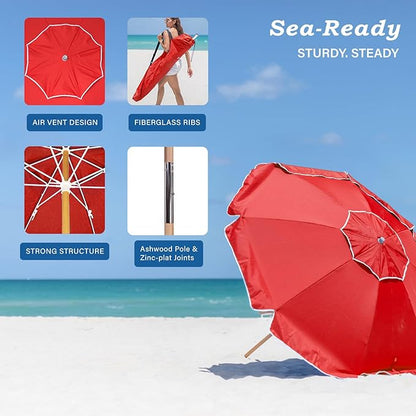 AMMSUN 7.5ft Heavy Duty HIGH Wind Beach Umbrella Commercial Grade wood Beach Umbrella with Air Vent Ash Wood Pole & Portable Carry Bag UPF50+ Protection Windproof Red