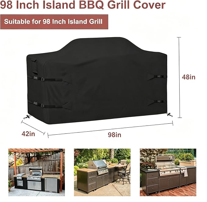 98 Inch Island Grill Cover Kitchen Extra Large Grill Cover 600D Oxford Cloth Heavy Duty Waterproof 98" L x 42" W x 48" H, Black