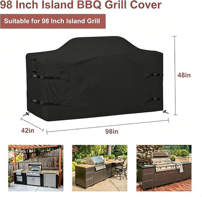 98 Inch Island Grill Cover Kitchen Extra Large Grill Cover 600D Oxford Cloth Heavy Duty Waterproof 98" L x 42" W x 48" H, Black