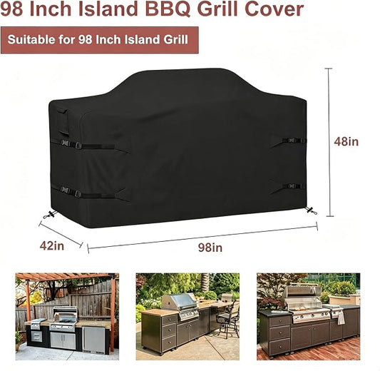 98 Inch Island Grill Cover Kitchen Extra Large Grill Cover 600D Oxford Cloth Heavy Duty Waterproof 98" L x 42" W x 48" H, Black