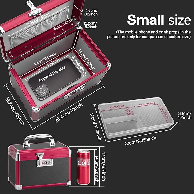 Medicine Lock Box with Combination Lock - 10 x 6 x 6.7 Inches - First Aid Safe Medication Storage Box, Medications and Personal Items, Safe Boxes for Home and Outdoor - Black Red 【No Strap】