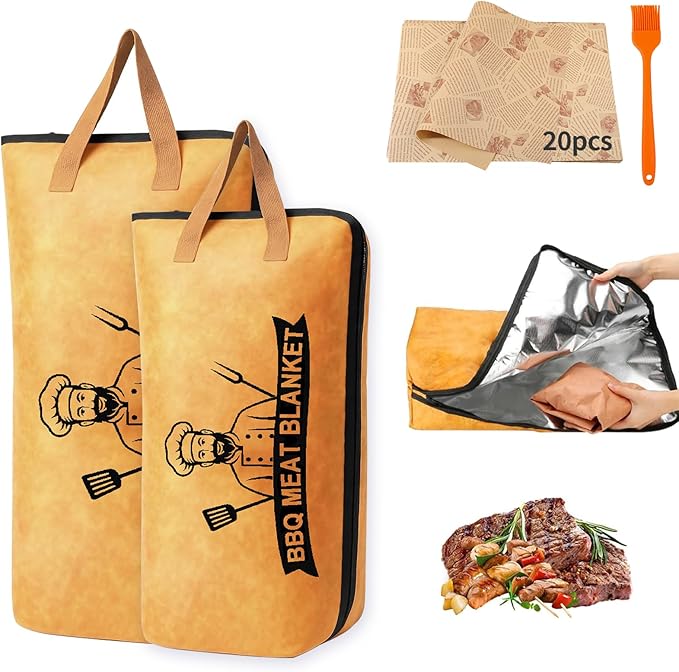 BBQ Blanket for Resting Meat - 21" & 15" Insulated Brisket Blanket Set with 25Pcs Butcher Paper & Oil Brush, 5-Layer Thermal Meat Resting Bag for Smoking Meat Accessories, BBQ Gifts for Men