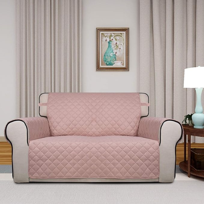 PureFit Reversible Quilted Couch Covers for Dogs Loveseat Sofa Cover 46.5” | Pink/Beige, Water Resistant Couch Protector, Washable Pet Couch Cover with Non Slip and Elastic Straps For Kids