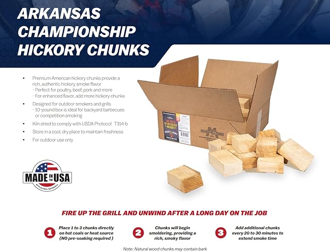 MARSHALLTOWN Arkansas Championship Hickory Wood Chunks for Smokers, 10 Pound Box of Genuine American Hickory Wood for Smoker and Grilling, Smoker Chunks, HCKCHNK10