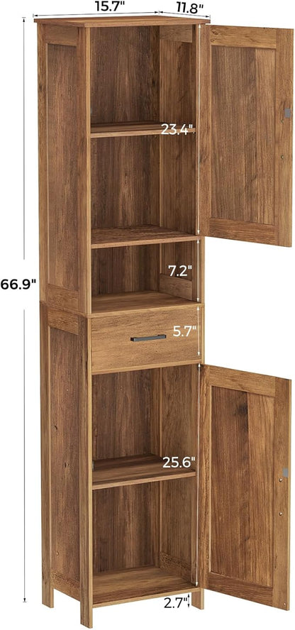 Homhedy 67" H Tall Bathroom Storage Cabinet with Barn Doors and Drawer | Narrow Storage Unit with Adjustable Shelves, Floor Cabinet for Bathroom, Living Room, Entryway,Kitchen,Rustic Walnut, 15.7" W