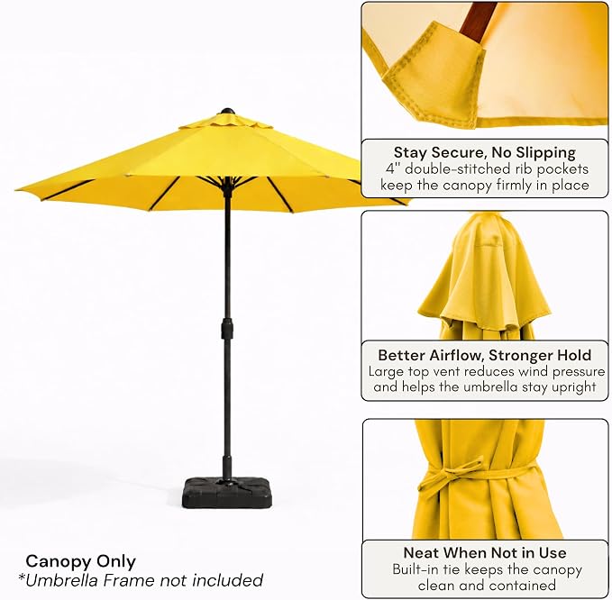 Formosa Covers 9ft 6 Ribs Market Patio Umbrella Replacement Canopy - Top Canvas - Olefin UV Protective and Water Resistant Umbrella Fabric - Premium Quality Replacement Canopy Cover ONLY (Yellow)