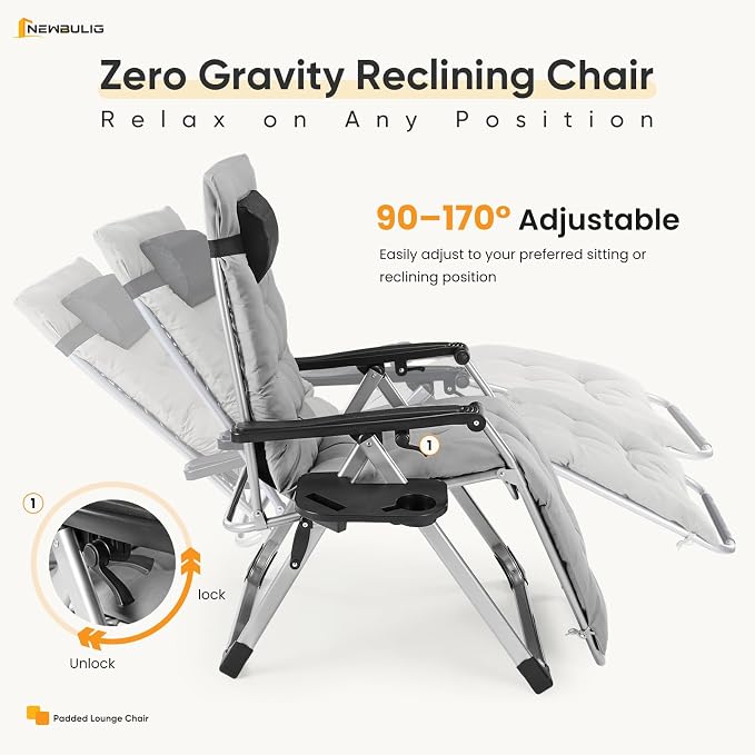 NEWBULIG Set of 2 Zero Gravity Chair, Folding Patio Recliner with Removable Cushion & Cup Holder Trays, Portable Lounge Chair for Beach & Camping, Classic Gray