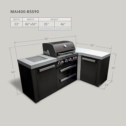 Mont Alpi Premium 82"W x 50"D Black Stainless Steel L-shaped Modular Outdoor Kitchen Island with Side Burner + 32"W 4-Burner BBQ Gas Grill + Granite Countertops + Storage Cabinets + Drawers + Cover