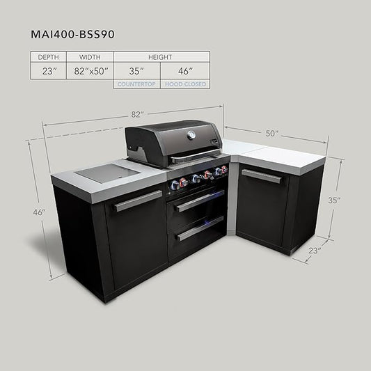 Mont Alpi Premium 82"W x 50"D Black Stainless Steel L-shaped Modular Outdoor Kitchen Island with Side Burner + 32"W 4-Burner BBQ Gas Grill + Granite Countertops + Storage Cabinets + Drawers + Cover