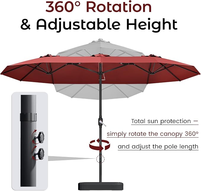 15ft Red Patio Umbrella with Base Included,Rectangle Double Extra Large Table Umbrella Outdoor Giant Umbrella for Porch Pool Lawn Deck,Market,Backyard Outside,Burgundy Red