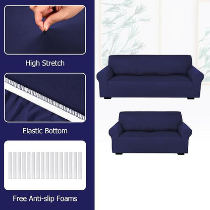 Peryiter 2 Pcs Couch and Loveseat Sofa Covers,Navy Blue,Milk Silk | Armchair Covers for Living Room, Sofa Cushion Slipcover 2/3 Seater, Furniture Protector, Polyester and Spandex, Washable