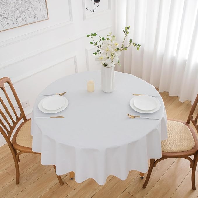 NLMUVW White Round Vinyl Tablecloth with Flannel Backing 60 Inch, 100% Waterproof PVC Table Cloth Wipe Clean Table Cover for Dining Party Camping Outdoor