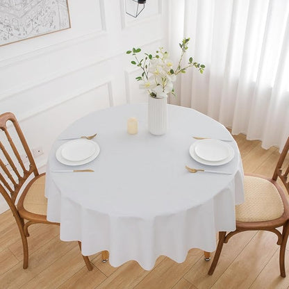 NLMUVW White Round Vinyl Tablecloth with Flannel Backing 60 Inch, 100% Waterproof PVC Table Cloth Wipe Clean Table Cover for Dining Party Camping Outdoor
