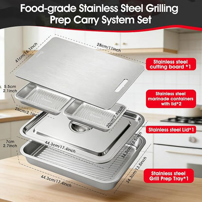 7-in-1 Grill Carry System, Stainless Steel Grill Prep Trays | Large Lidded Marinating Containers, Cutting Board, 2 Food Storage Containers with Lids, Stackable BBQ Gifts for Men