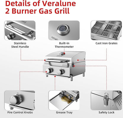 Veralune Tabletop Gas Grill, Small Propane Grill, Portable 2 Burner Gas Grill, Locking Lid, 20,000 BTUs, Built-in Thermometer, Stainless Steel