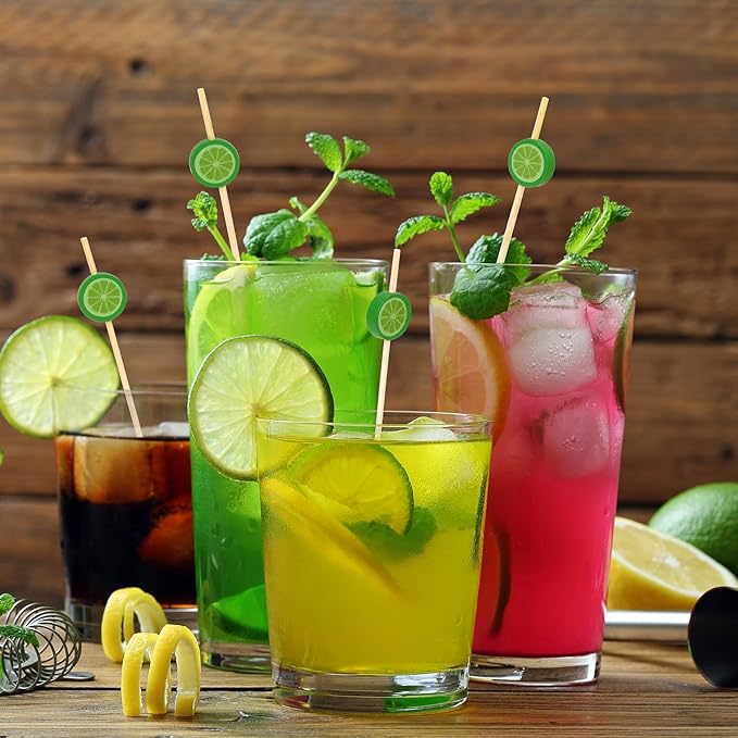 Minisland Green Lemon Cocktail Picks, 4.7 Inch Long Bamboo Fancy Toothpicks for Appetizers, Decorative Spring Summer Tropical Party Food Drinks Garnish Fruit Kabob Skewer Sticks 100 Counts - MSL421