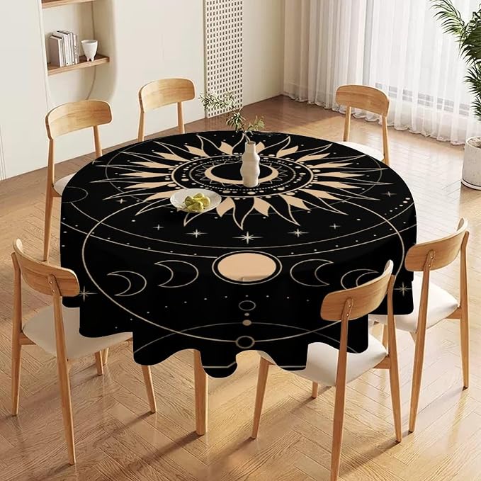 Vintage Tarot Moon Sun Round Tablecloth Moon Phase Star Galaxy Space Esoteric Astrology Table Cloth Water Resistant Wipeable Table Cover for Farmhouse Picnic Party Holiday Kitchen Dinner Table 36"