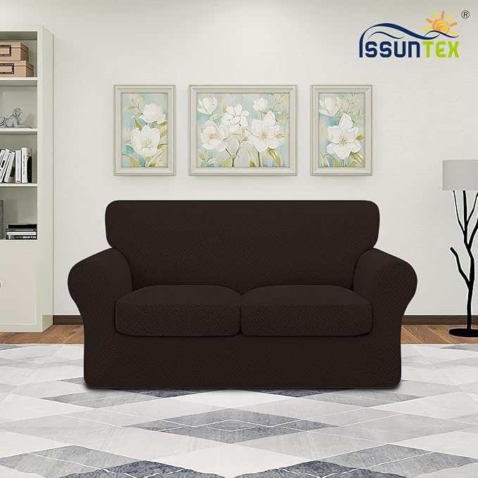 ISSUNTEX 3 Pieces High Stretch Thicken Loveseat Couch Covers, Soft Sofa Slipcover for 2 Separate Cushion Couch, Jacquard Fabric Elastic Sofa Cover Furniture Protector for Dogs (Loveseat, Chocolate)