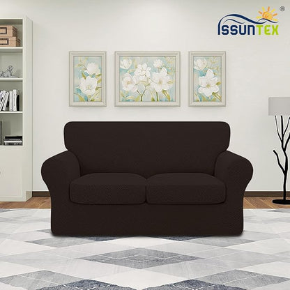 ISSUNTEX 3 Pieces High Stretch Thicken Loveseat Couch Covers, Soft Sofa Slipcover for 2 Separate Cushion Couch, Jacquard Fabric Elastic Sofa Cover Furniture Protector for Dogs (Loveseat, Chocolate)
