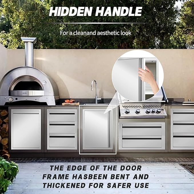 Stainless Steel Outdoor Kitchen Single Handleless BBQ Door, 18W 24H inch Opens Left or Right, Kitchen Cabinet Grill Station or BBQ Island