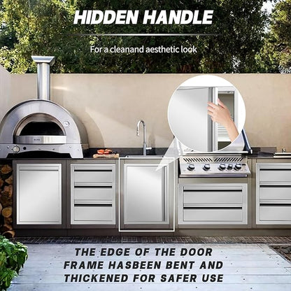 Stainless Steel Outdoor Kitchen Single Handleless BBQ Door, 18W 24H inch Opens Left or Right, Kitchen Cabinet Grill Station or BBQ Island