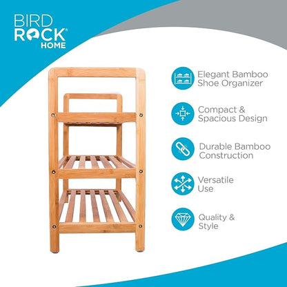 BIRDROCK HOME Bamboo Shoe Rack Organizer for Entryway, Closet, or Front Door - Stackable Wooden Storage Shelf for Small Spaces, Indoor or Outdoor, Decorative Brown Madera - Elegant, Simple - 3 Tier