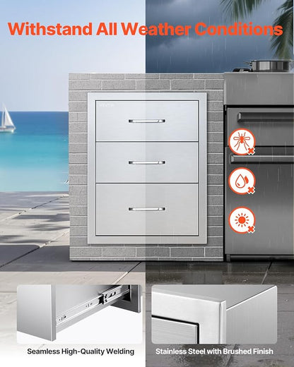 VEVOR Outdoor Kitchen Cabinets 18.11"W x 23.23"D x 23.23"H, Triple-Access Stainless Steel BBQ Drawers with Handles, BBQ Island Drawer for Outdoor Kitchens, Barbeque Island Patio Grill Station