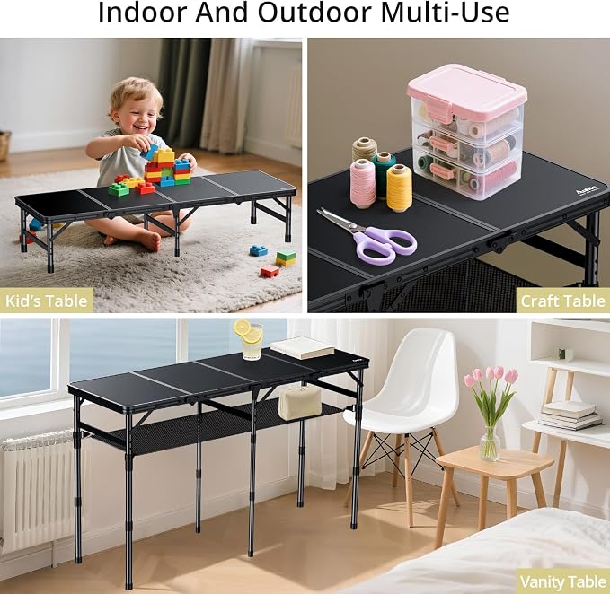 Anbte 4-Fold Camping Table, 46” X 16” Portable Folding Camping Table, Black | 3 Adjustable Height Max 27.5”, with Storage Net, Aluminum Lightweight Folding Table, for Picnic Beach RV Travel Tailgate Camp