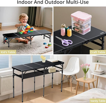 Anbte 4-Fold Camping Table, 46” X 16” Portable Folding Camping Table, Black | 3 Adjustable Height Max 27.5”, with Storage Net, Aluminum Lightweight Folding Table, for Picnic Beach RV Travel Tailgate Camp