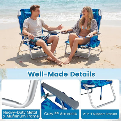 GYMAX Beach Chairs, Backpack Camping Chair | with Armrest, Cooler Bag, Cup Holder & Towel Bar, Sunbath Tanning Lounge, Folding Layout Chair (Without Table, Coconut Tree)