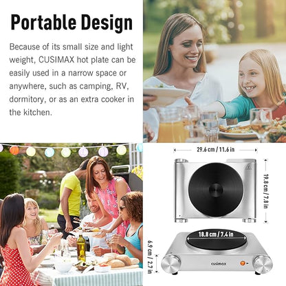 Electric Stove, CUSIMAX Portable Hot Plate for Countertop, Single Cast Iron Burner, 1500 Watts 7-Stage Temperature Control, Suitable for Any Cookware, Easy to Clean