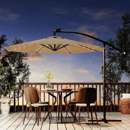Garvee 10FT Solar Lights Offset Patio Umbrella with Cross Base, Tan | Cantilever Umbrella with Easy Lift & Tilt Adjustment, 8 Ribs Sun umbrella UV Protection for Backyard, Pool, Garden