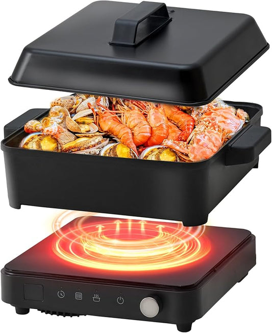 Portable Induction Cooktop, 1500W Induction Cooktop with 6 Temperature 8 Power Settings, 99 Minutes Timer, Including 8L Cast Iron Cooking Pot and Cast Iron Pan
