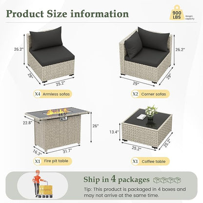 UDPATIO Patio Furniture Set with Fire Pit Table, 8 Pcs Outdoor Sectional Sofa, PE Wicker Patio Conversation Set for Garden, Backyard (Black Cushions with Light Grey Rattan)