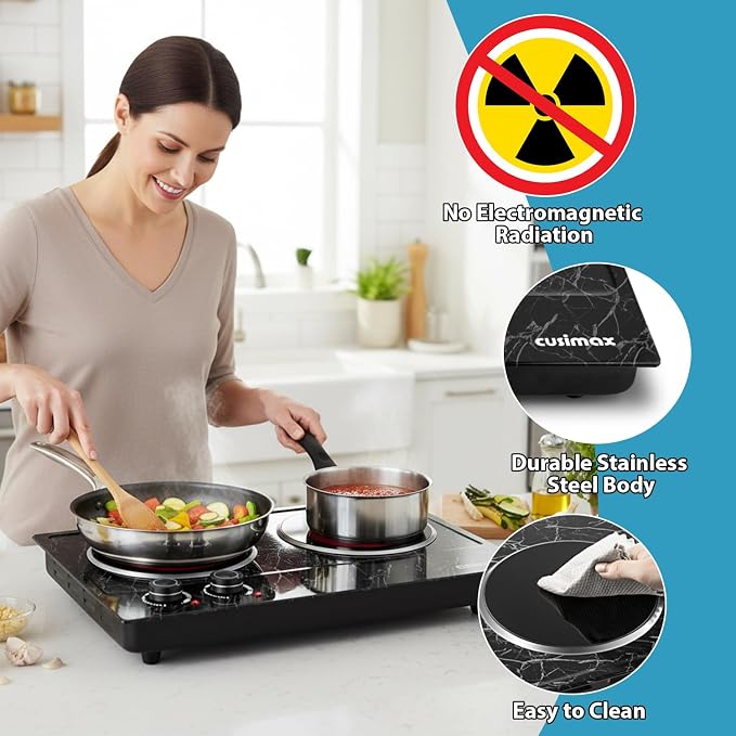CUSIMAX Double Burner Electric Hot Plate for Cooking, 1800W, Black Marble | Portable Infrared Cooktop with Dual Temperature Control/Heat-up in Seconds/Overheating Protectio/Stainless Steel/Easy Cleanup