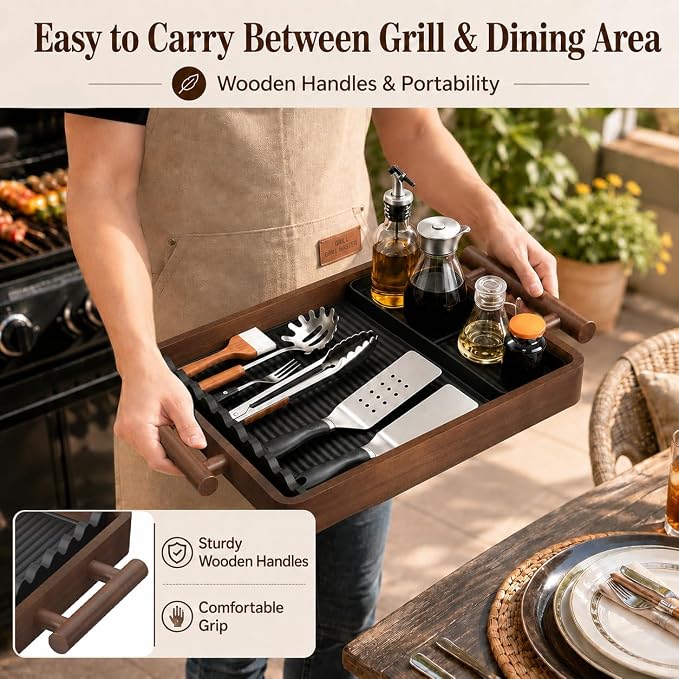 Wood Top Tray with Silicone Mat for East Oak Electric Smoker | Wood Serving Tray with Handles, BBQ Griddle Tools Mat for Masterbuilt, Blackstone, Gifts for Men