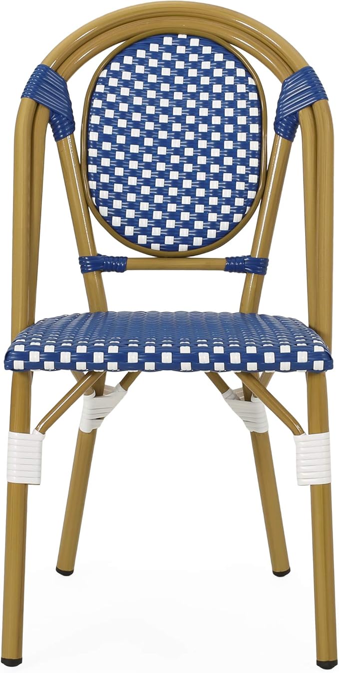 Christopher Knight Home Gwendolyn Outdoor French Bistro Chairs (Set of 2), Blue + White + Bamboo Print Finish