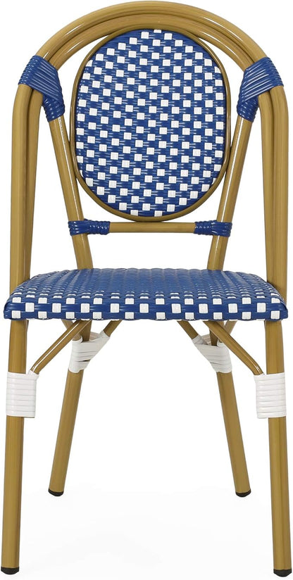 Christopher Knight Home Gwendolyn Outdoor French Bistro Chairs (Set of 2), Blue + White + Bamboo Print Finish