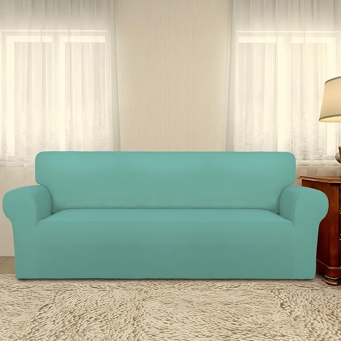 PureFit Stretch Couch Covers for Sofa Large Sofa Slipcovers Cyan | 1-Piece Sofa Cover Washable Soft Couch Protector, Couch Slipcover with Non Skid Foam and Elastic Bottom for Kids, Dogs