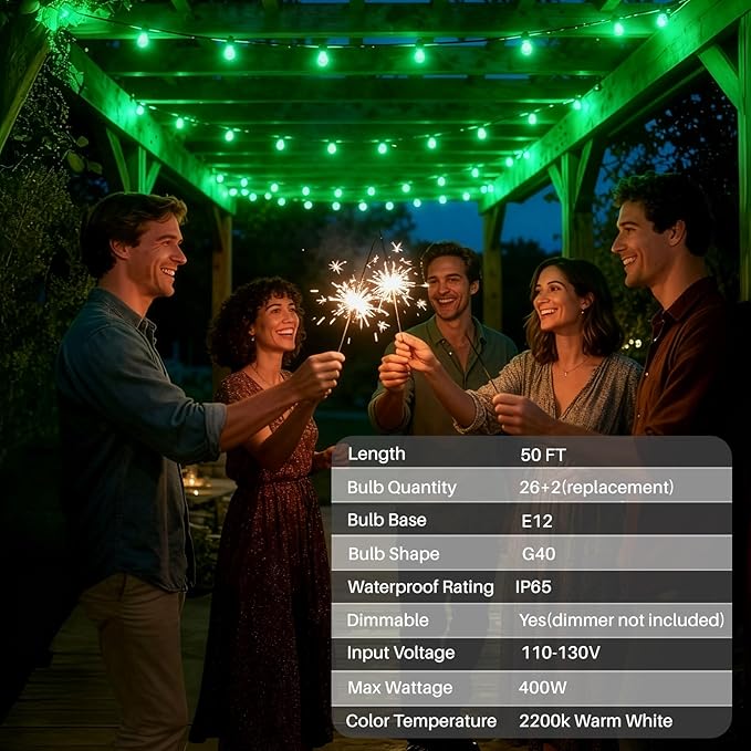 50 FT Green Outdoor String Lights G40 Globe Shatterproof Patio Lights,26 Plastic Edison Bulbs(2 Spare) IP65 Waterproof Dimmable LED Bulbs for Backyard Porch Balcony Party Decor, E12 Base