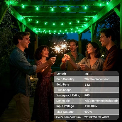 50 FT Green Outdoor String Lights G40 Globe Shatterproof Patio Lights,26 Plastic Edison Bulbs(2 Spare) IP65 Waterproof Dimmable LED Bulbs for Backyard Porch Balcony Party Decor, E12 Base