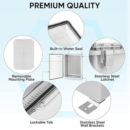 TICONN 2PK Outdoor Electrical Box Waterproof, Junction Box IP67 ABS Plastic Enclosure with Hinged Cover with Mounting Plate, Wall Brackets, Cable Glands (Clear, 11"X7.5"X5.5")