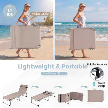 Goplus Tanning Chair with Face Arm Holes, Portable Sunbathing Chair with 4-Level Backrest & Head Pillow, Patio Lay Flat Folding Chaise Lounge with Side Pocket & Shoulder Strap for Poolside, Beach