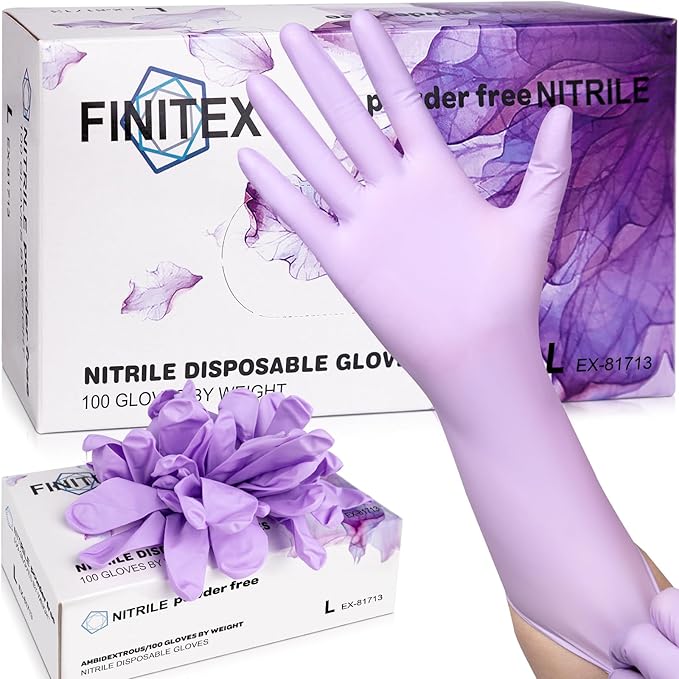 FINITEX Nitrile Disposable Latex-Free Gloves Purple - 5mil 100PCS Latex/Powder-Free 12inch Cleaning Medical Exam Food Glove