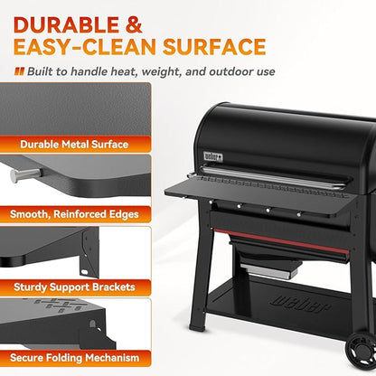 36" Front Folding Table for Weber Searwood 600 XL Pellet Grill with 5 Tool Hooks, Grill BBQ Prep Table Accessory, 425+ Sq In Workspace, 40 lb Load Capacity, Locking Fold-Down Design