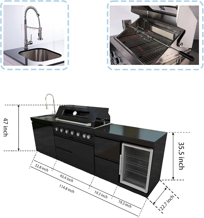 104" Modular Outdoor Kitchen Island With Grill And Side Burner, 4-burner 72,000 Btu Propane Bbq Island, Refrigerator, Separate Sink & Prep Station, For LP-Black 85000BTU/115 Inch