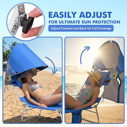 Backpack Beach Tanning Lounge Chair with Canopy Shade Face Hole Padded Adjustable Washable, 6 Position Layout Chair for Outside Sunbathing Poolside Lawn, UPF 50+ Wind-Resistant Sun Shade, 2Pack
