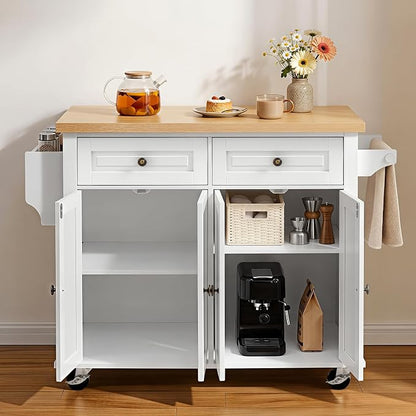 VEVOR Kitchen Island Cart with Storage, 43.7 in Wide Mobile Rolling Storage Island on Swivel Wheels, with 2 Drawers, Storage Cabinet, Spice/Towel Rack, Hooks, Table for Home Dining Room, White | Home Dining Use, Spice Towel Rack With Hooks, Cabinet She...