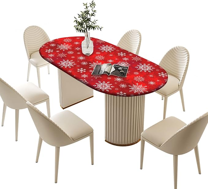 Red Snowflake Oval Fitted Table Covers, Christmas Polyester Elastic Edged Cloths, Wrinkle Resistant Tablecloth for Indoor Family Banquet and Outdoor Patio Use, Fits to 48x68 in Tables
