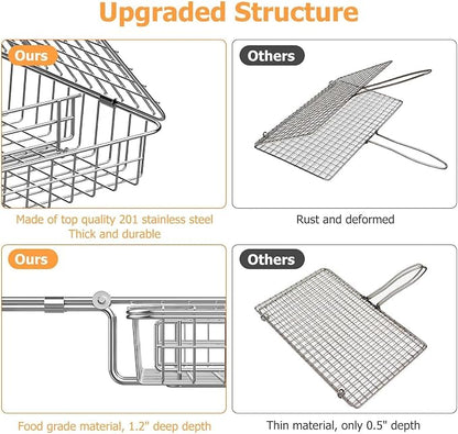 ORDORA Shallow Grill Basket, Fish Grill Basket, Rustproof Stainless Steel BBQ Folding Portable Grilling Rack for Meat, Steak,Vegetables, Grill Accessories